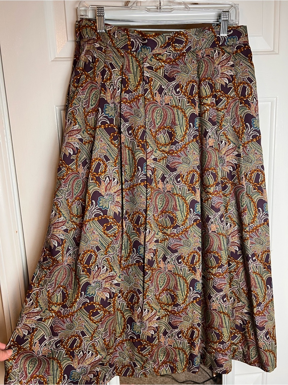 Vintage Corbin Ltd Pleated Midi Skirt 80s Dark Academia Paisley Chain Print - M